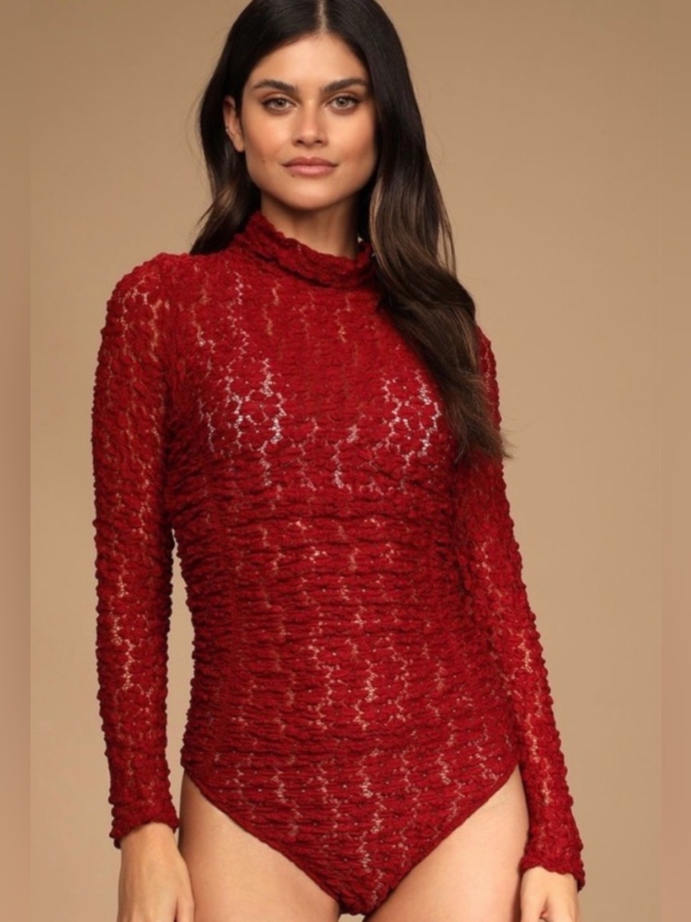 Free People Day and Night Lace Bodysuit in Berry Red